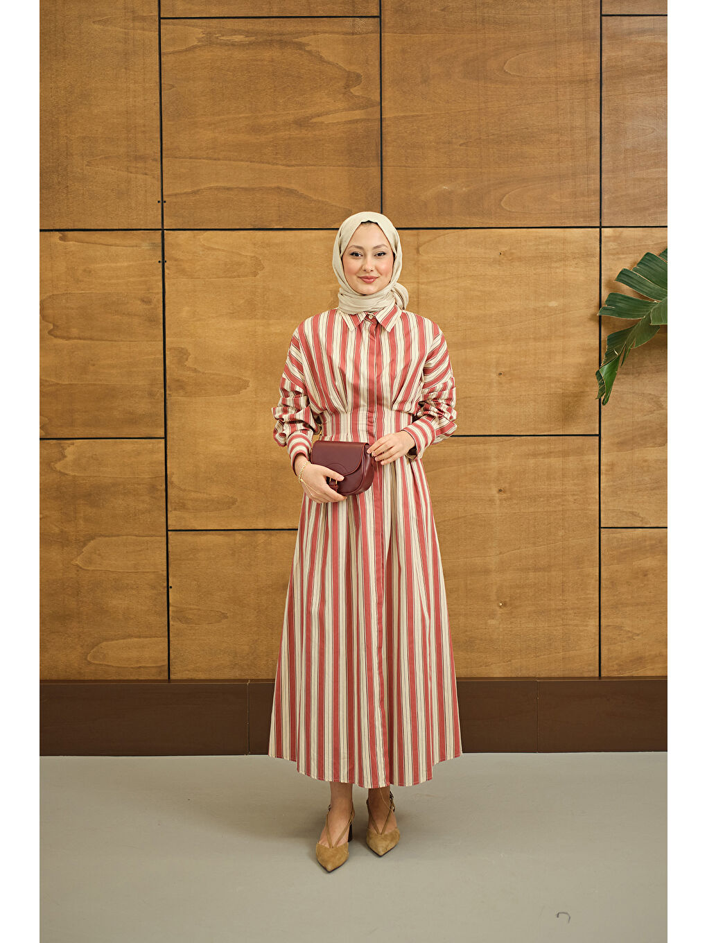 Kahverengi Kadın Pile Detaylı Gömlek Elbise Kiremit-1