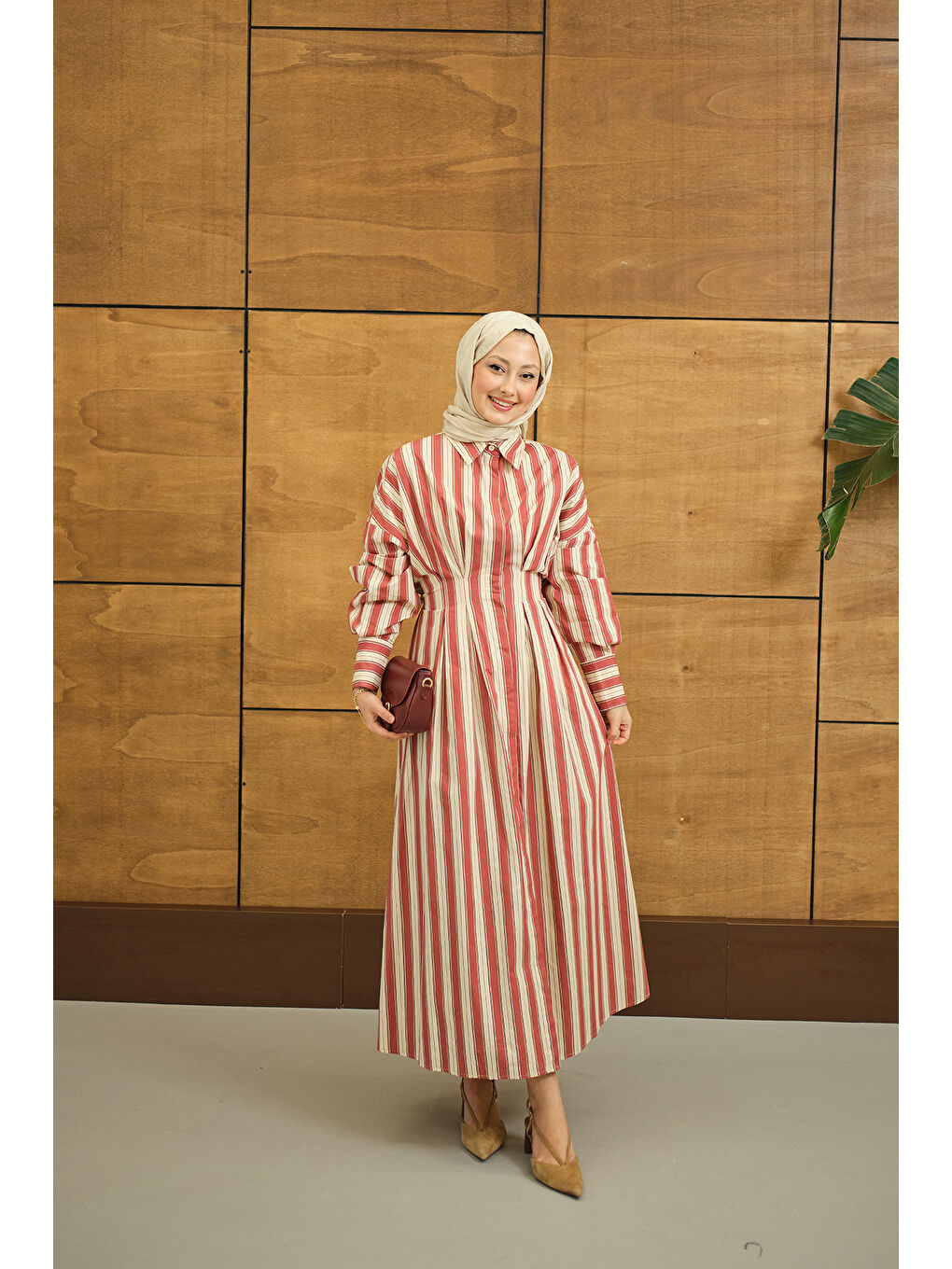 Kahverengi Kadın Pile Detaylı Gömlek Elbise Kiremit-2