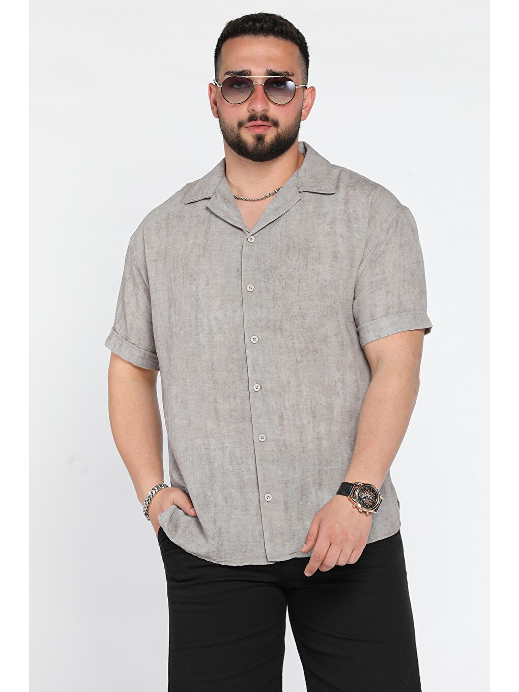 Gri Erkek Apaş Yaka Duble Kol Kendinden Desenli Oversize Gömlek