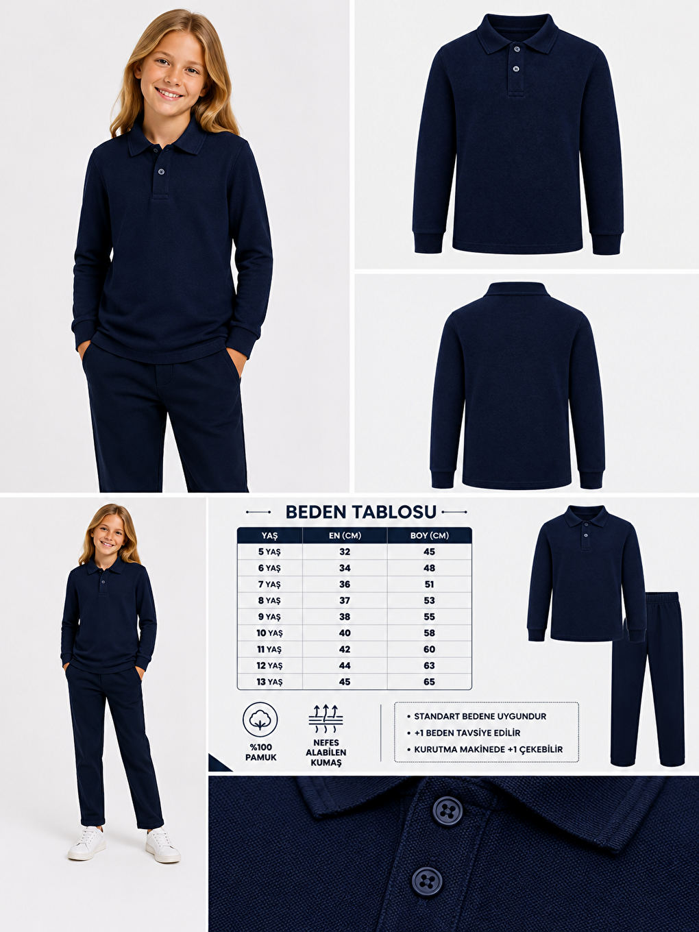 Lacivert Kids Polo Yaka Basic Uzun Kollu Unisex Kız Çocuk Tişört-1