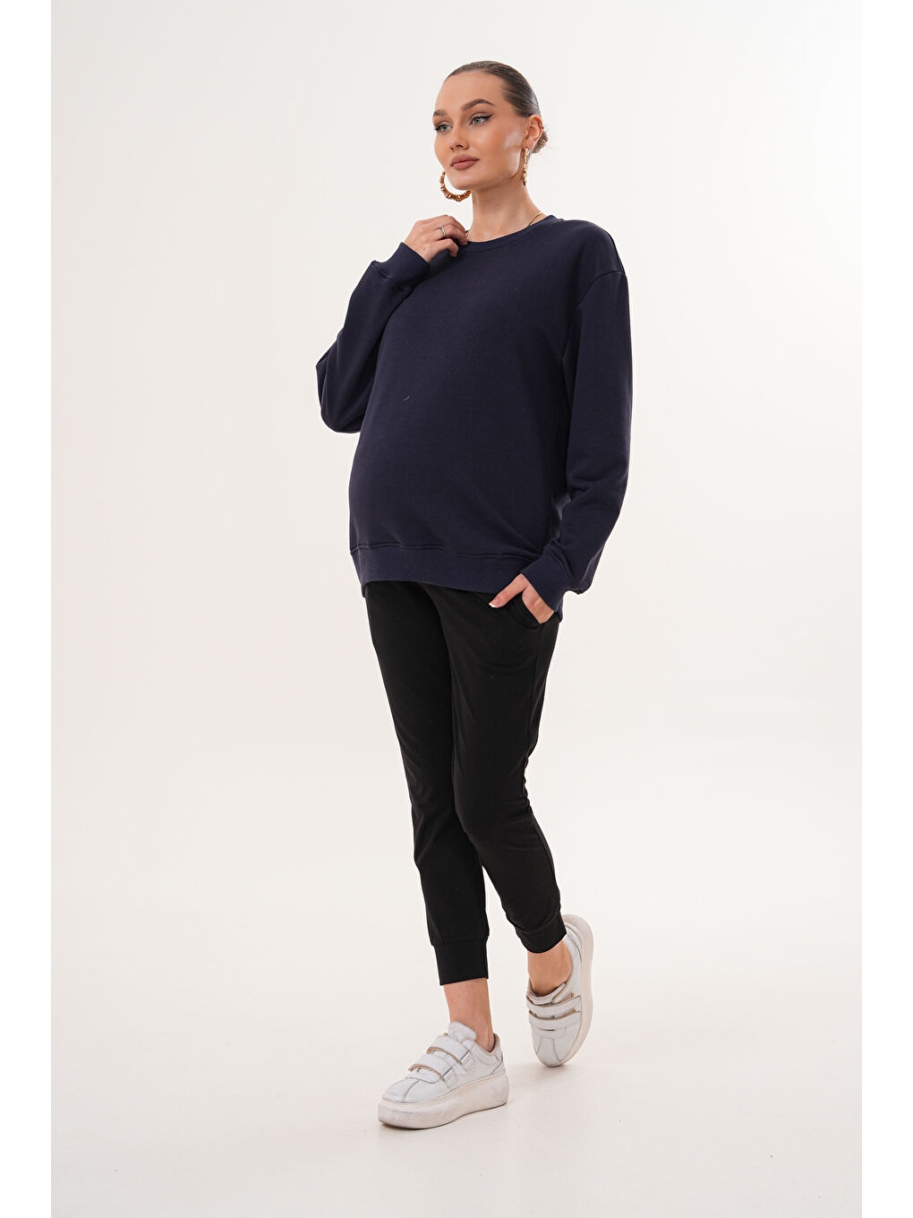 Lacivert Bisiklet Yaka %100 Pamuk Hamile ve Lohusa Basic Sweatshirt-2