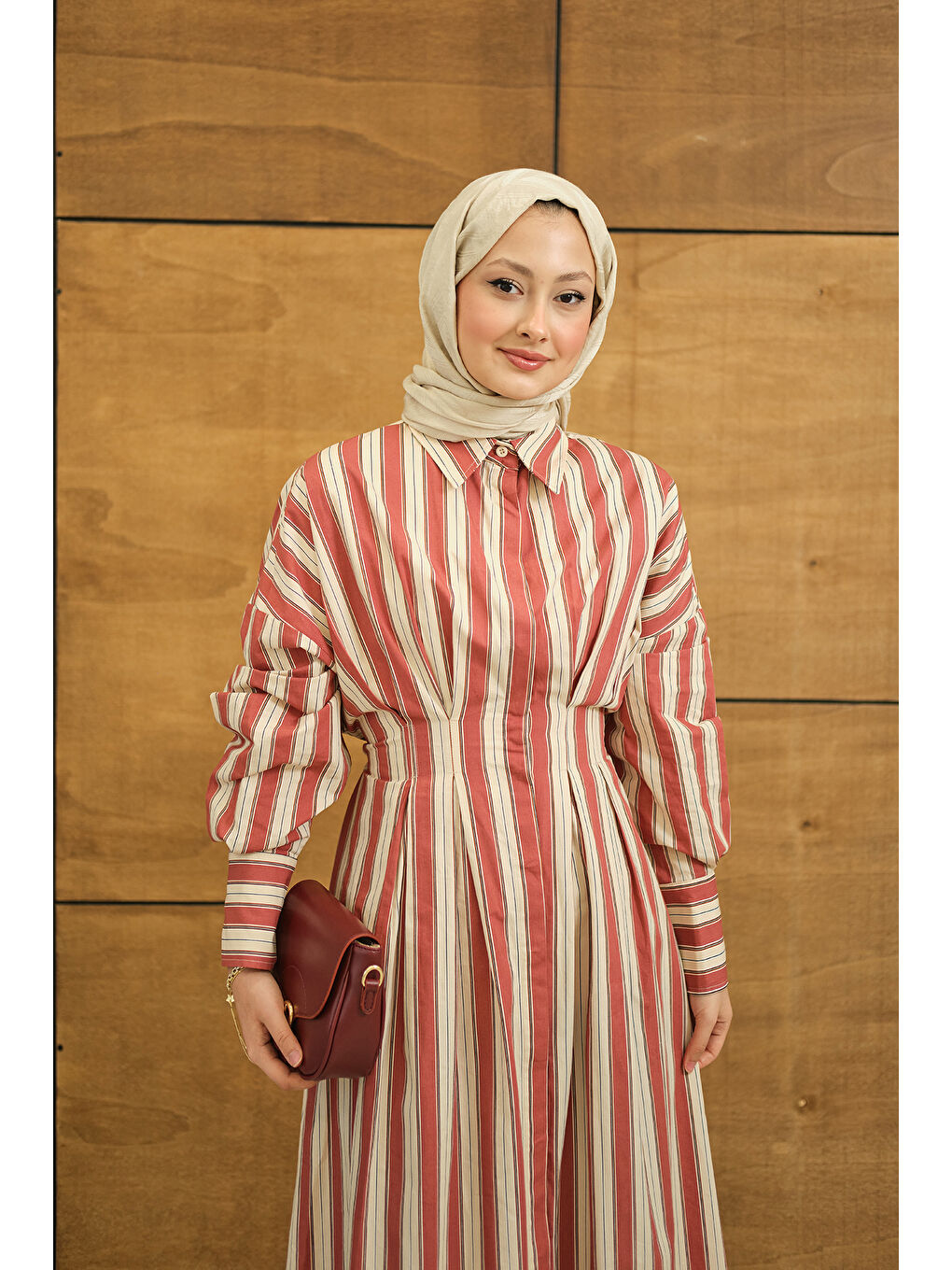 Kahverengi Kadın Pile Detaylı Gömlek Elbise Kiremit-3