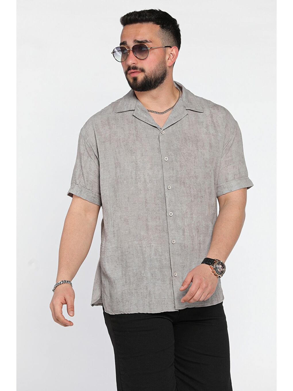 Gri Erkek Apaş Yaka Duble Kol Kendinden Desenli Oversize Gömlek-1