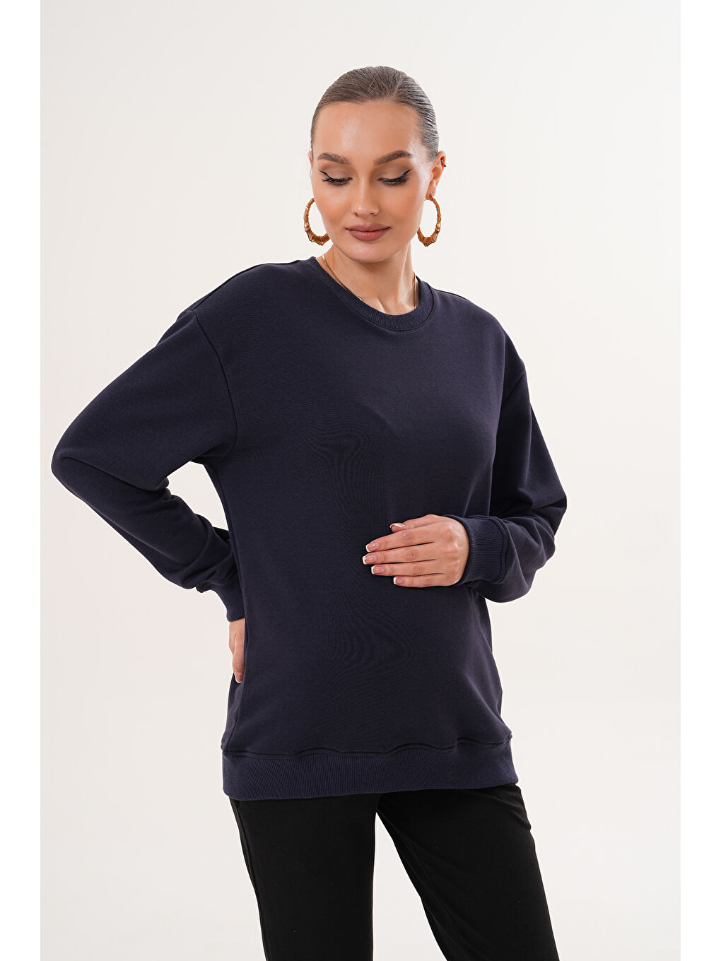 Lacivert Bisiklet Yaka %100 Pamuk Hamile ve Lohusa Basic Sweatshirt-3