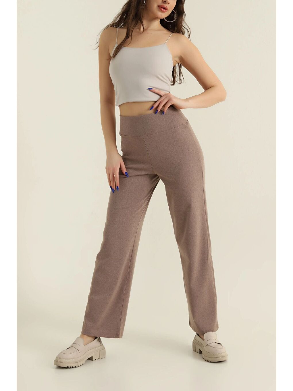 Kahverengi Kadın Ekstra Yüksek Bel Toparlayıcı Düz Paça Ribana Kumaş Esnek Spor Rahat Günlük Tayt-1