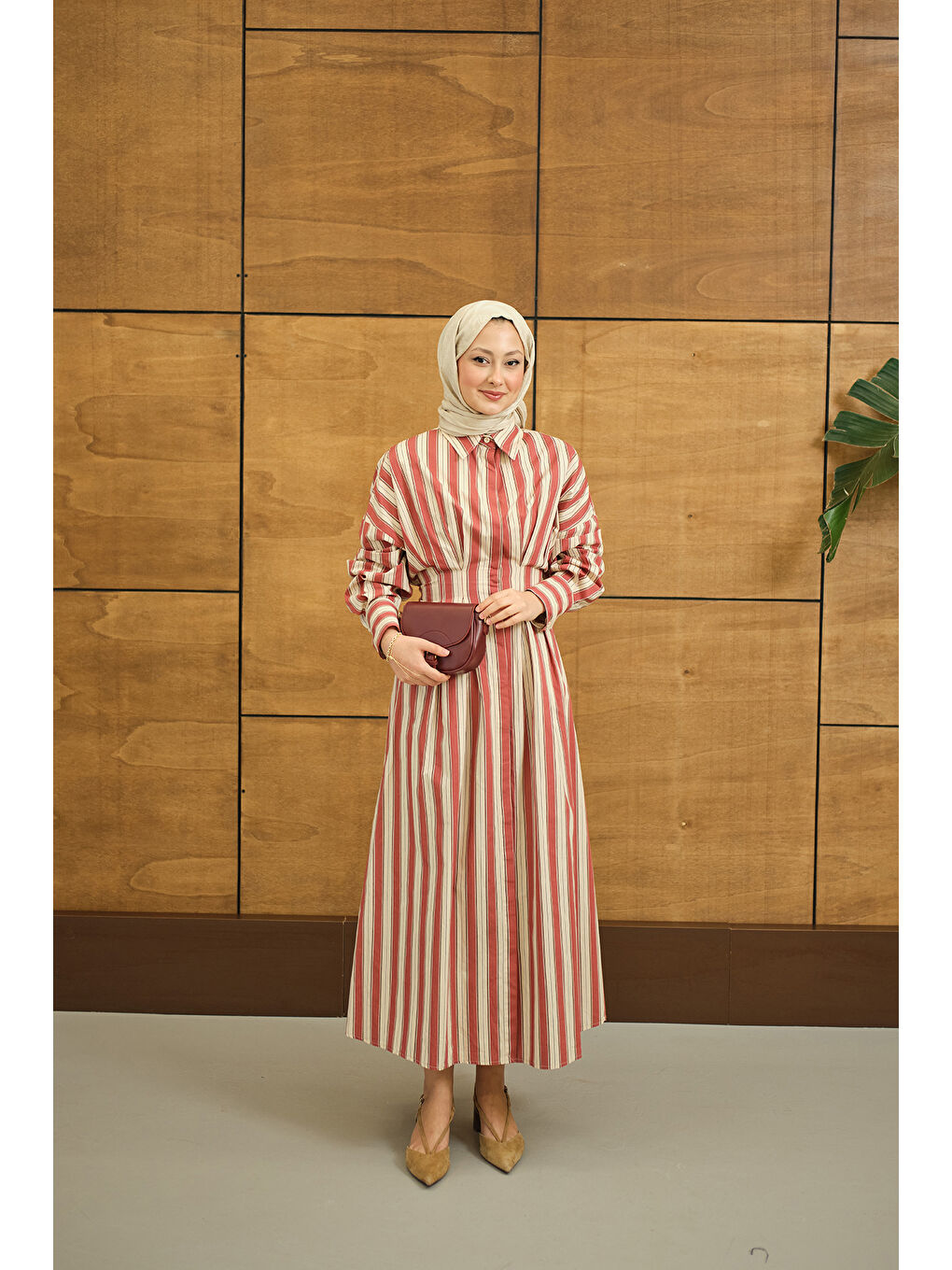 Kahverengi Kadın Pile Detaylı Gömlek Elbise Kiremit-4