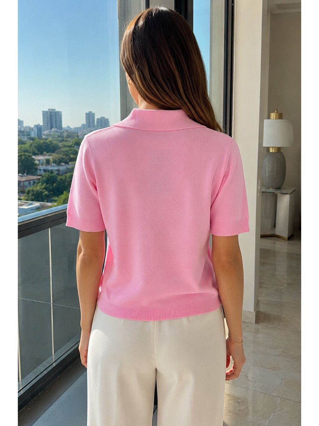 Pembe Kadın Polo Yaka Çiçek Nakışlı Triko Bluz-3