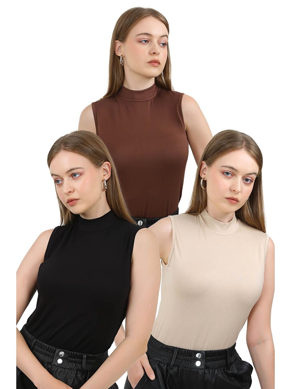 Siyah Kadın 3'Lü Kolsuz Body