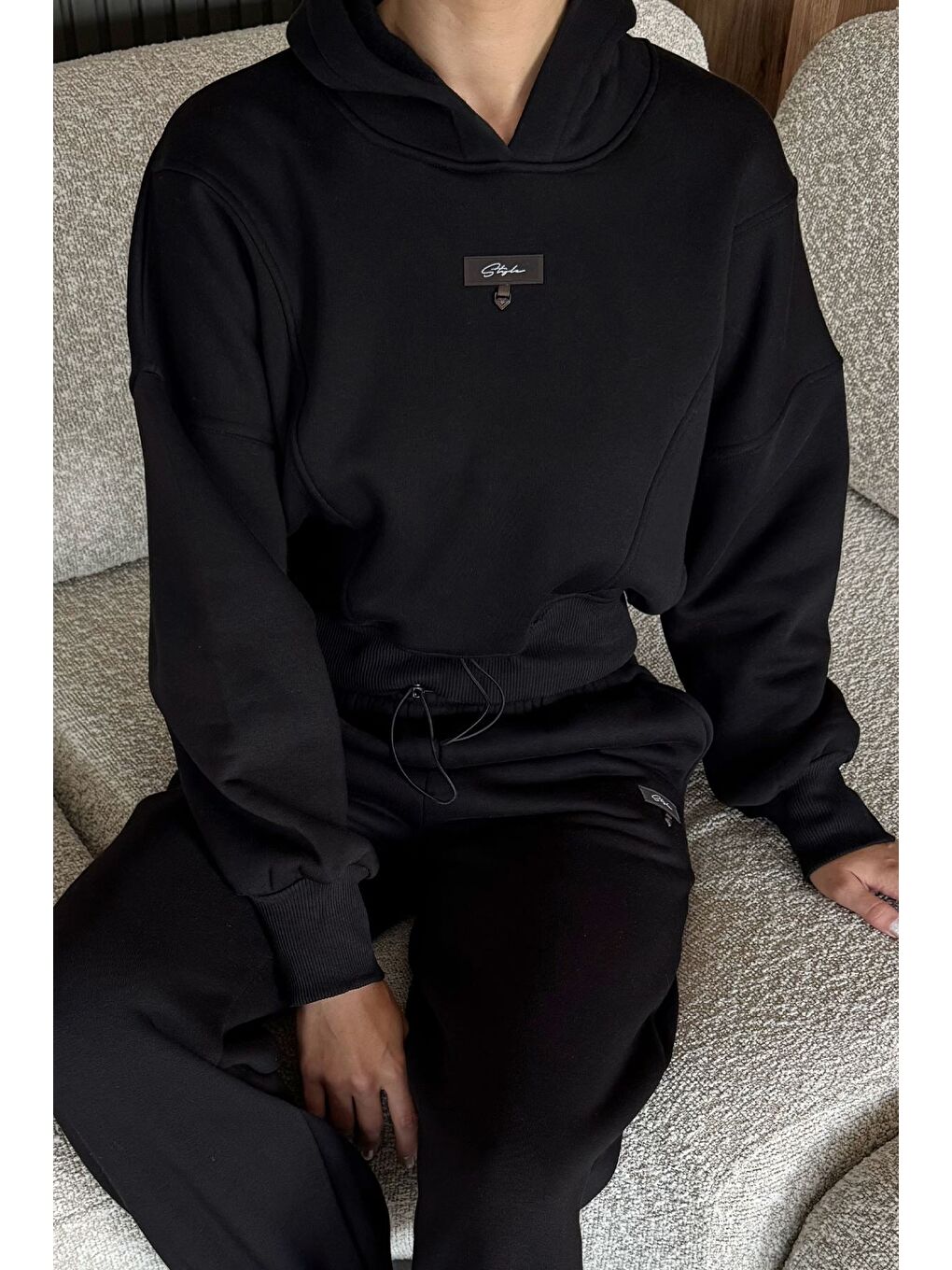 Siyah Kadın Üç İplik Şardonlu Kapüşonlu Eşofman Takımı-2