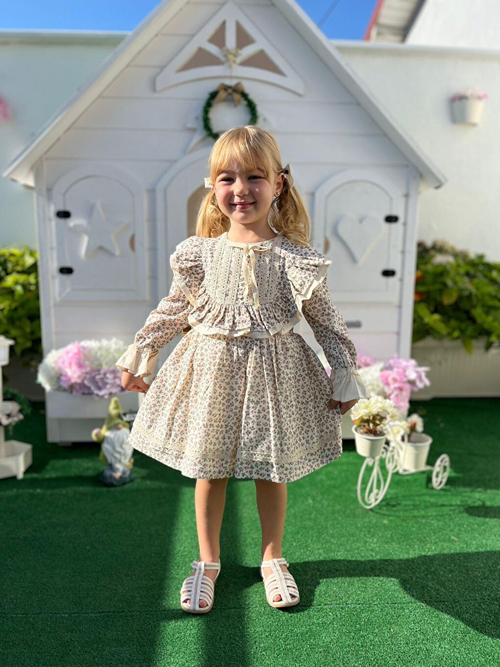 Kız Çocuk Çiçek Desenli Fırfır Detaylı Uzun Kollu Pamuklu Elbise - Bej-5