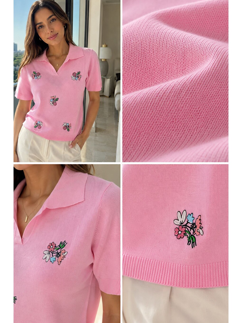 Pembe Kadın Polo Yaka Çiçek Nakışlı Triko Bluz-4