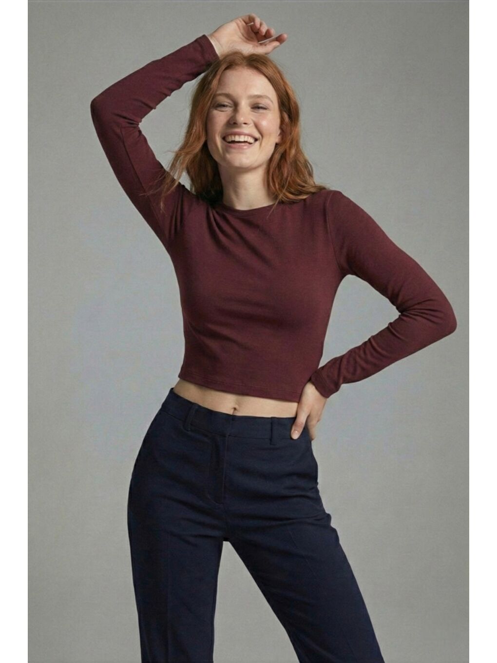 Bordo Premium Yumuşak Dokulu Esnek Örme Bisiklet Yaka Crop Bluz