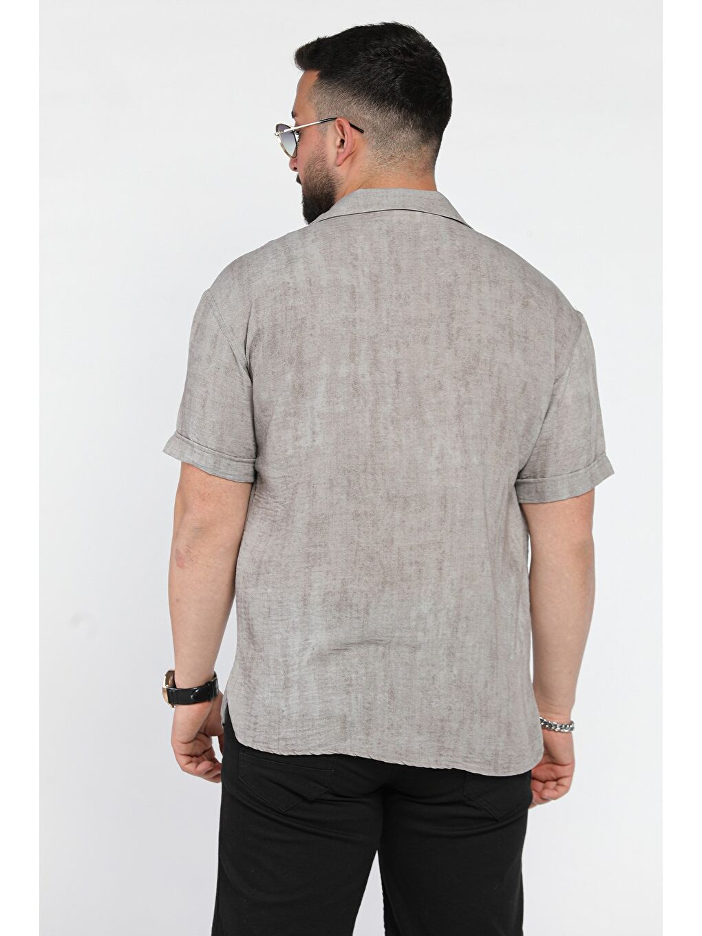 Gri Erkek Apaş Yaka Duble Kol Kendinden Desenli Oversize Gömlek-2
