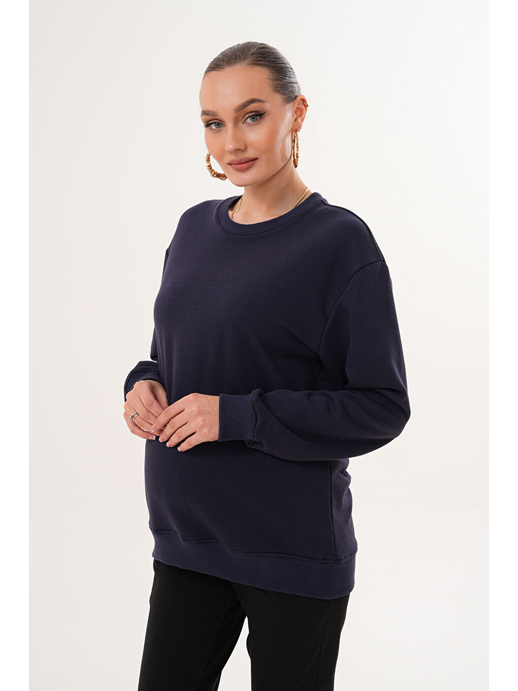 Lacivert Bisiklet Yaka %100 Pamuk Hamile ve Lohusa Basic Sweatshirt-4