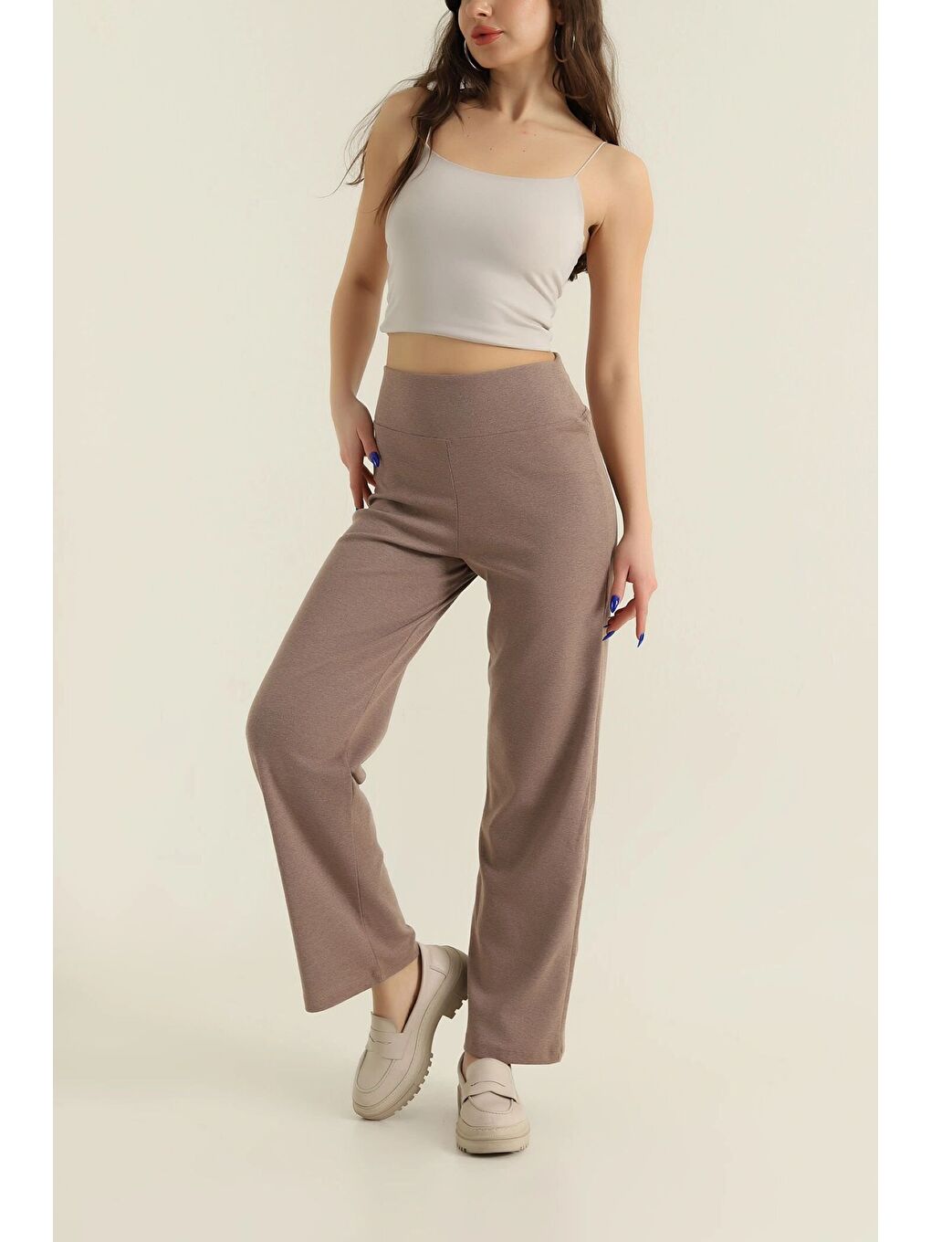 Kahverengi Kadın Ekstra Yüksek Bel Toparlayıcı Düz Paça Ribana Kumaş Esnek Spor Rahat Günlük Tayt-2