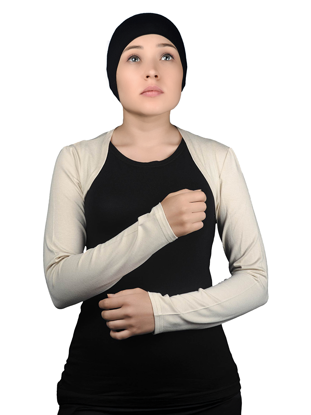 Ekru Uzun Kollu Tesettür Bolero-1