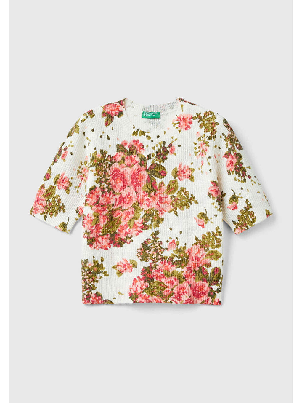 Kadın Beyaz Yün Karışımlı Tamamı Çiçek Desenli Bisiklet Yaka Kısa Kazak-2