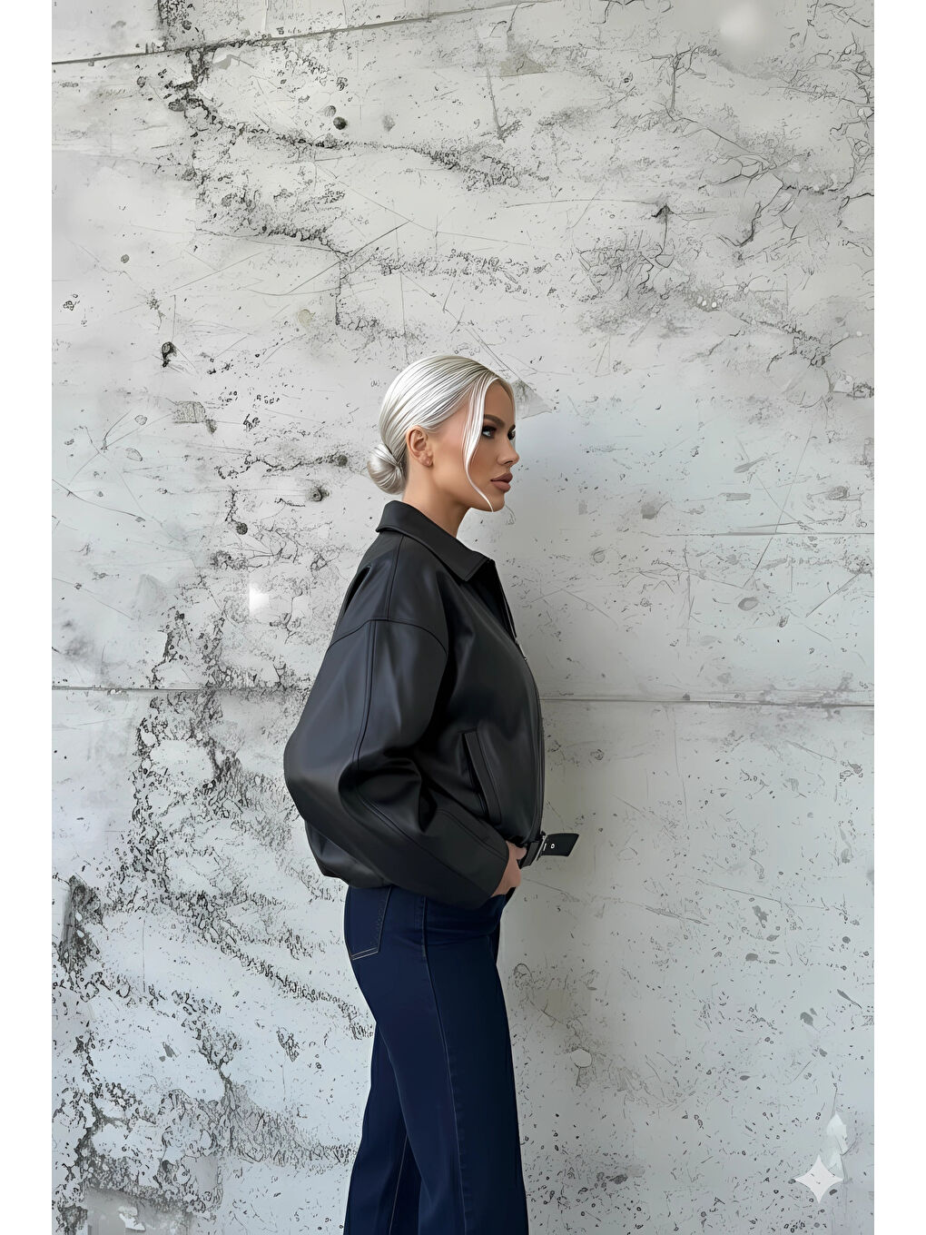 Kadın Siyah Fermuar Kapamalı Oversize Suni Deri Ceket HZL25W-BD110561-2