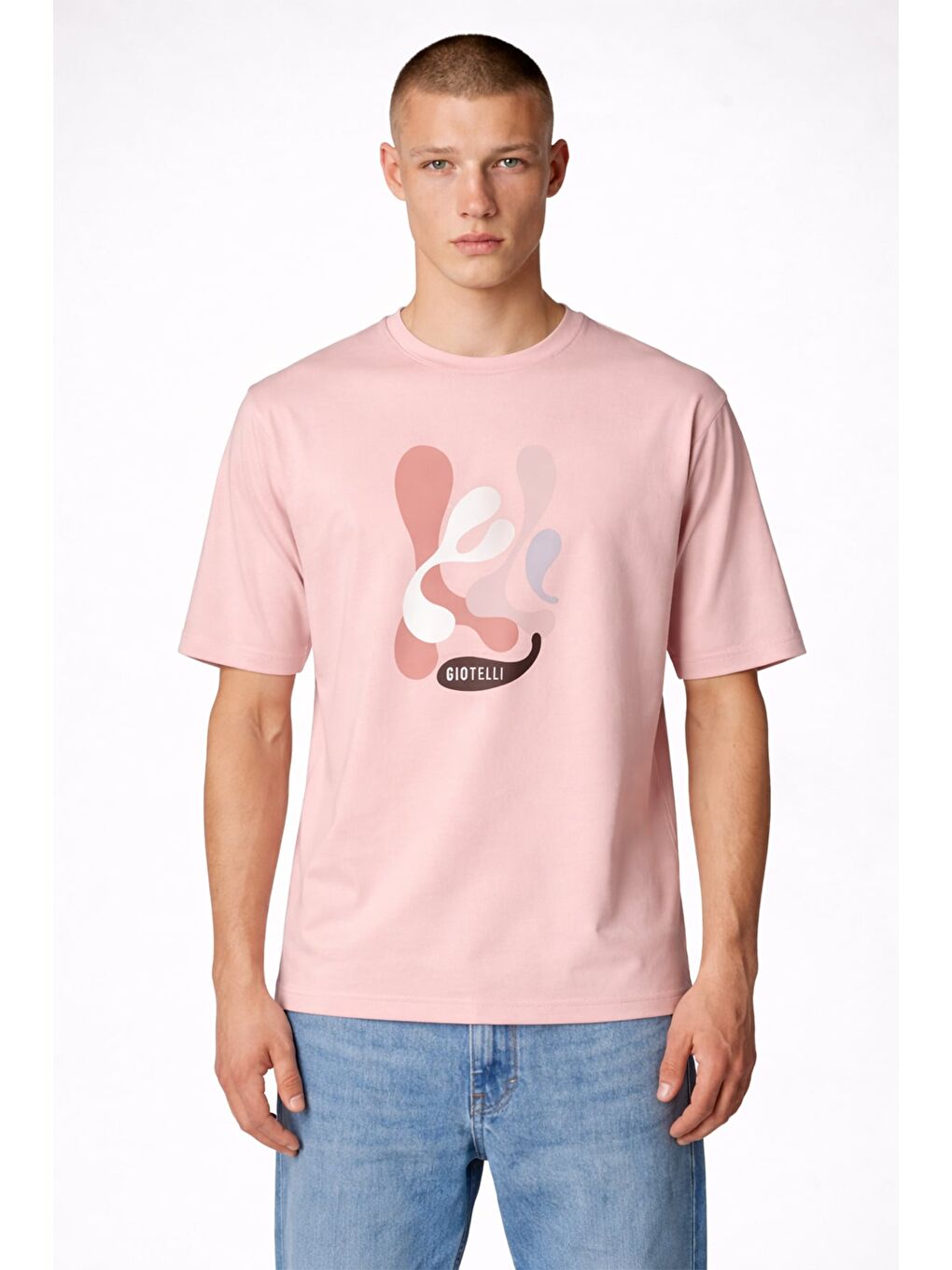 Giotelli Erkek Pembe Normal Kesim Regular Fit Baskılı Bisiklet Yaka Tişört