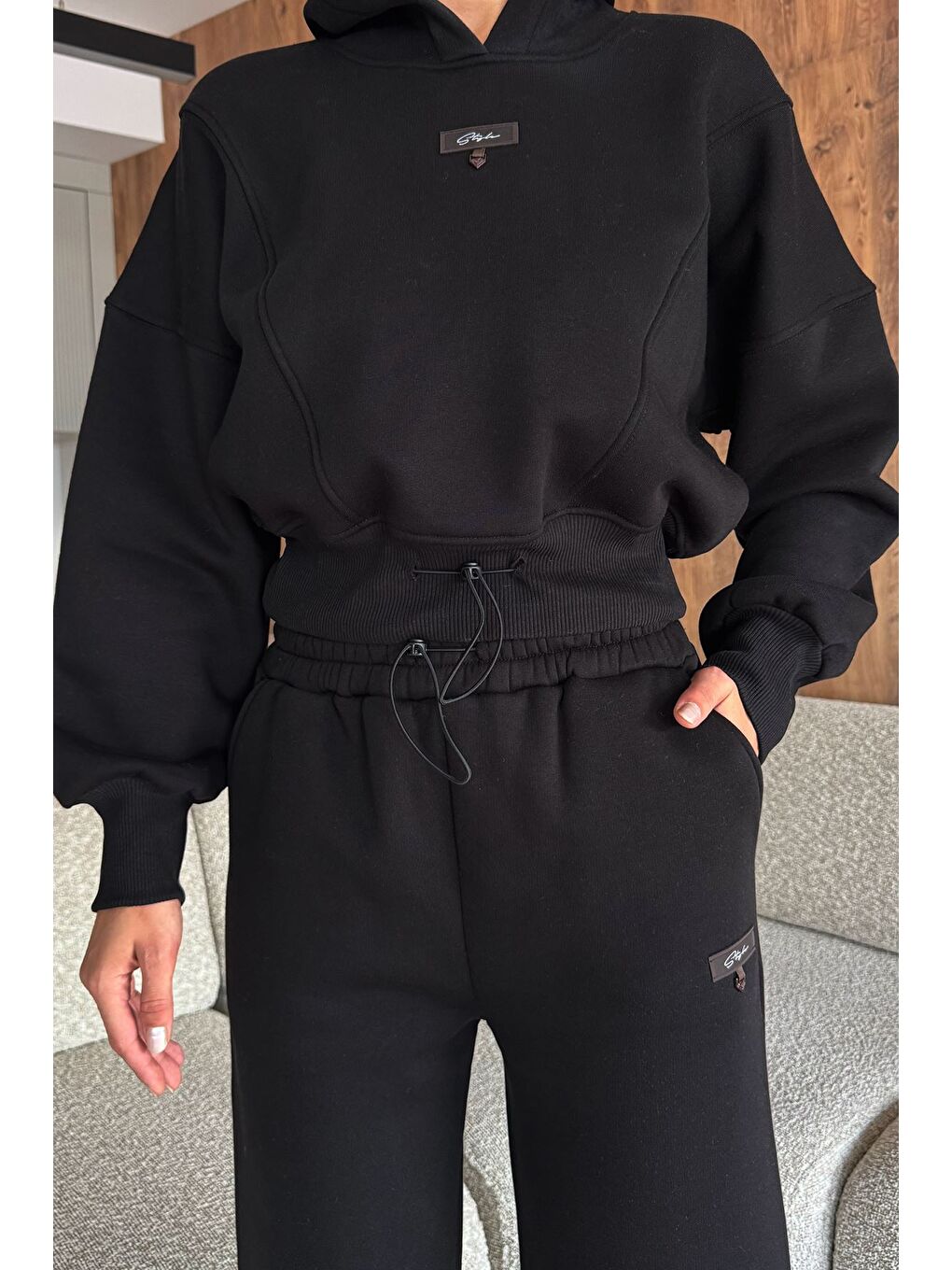 Siyah Kadın Üç İplik Şardonlu Kapüşonlu Eşofman Takımı-4