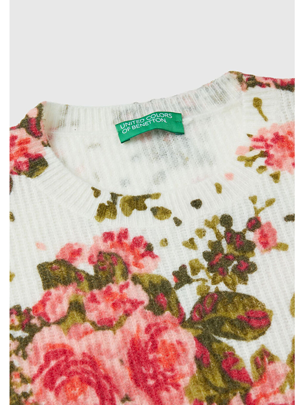 Kadın Beyaz Yün Karışımlı Tamamı Çiçek Desenli Bisiklet Yaka Kısa Kazak-5