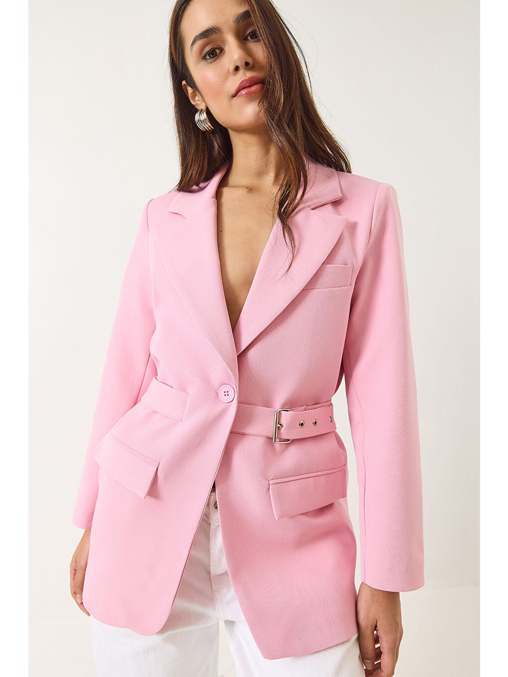 Pembe Kadın Kemer Detaylı Astarlı Blazer Ceket
