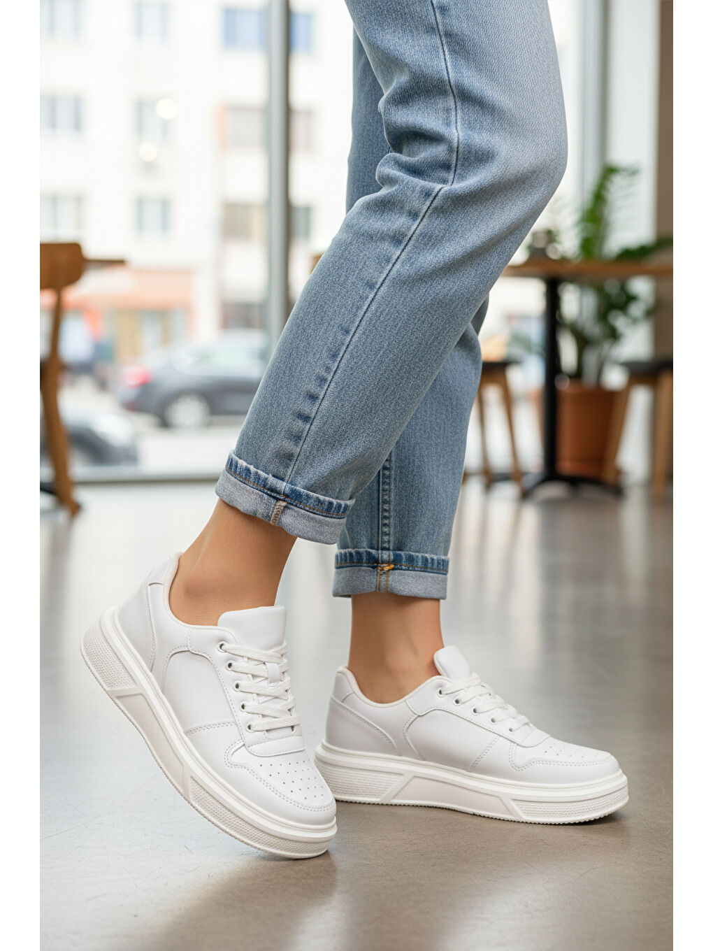 Beyaz Bağcıklı Cilt Hafif Unisex Sneaker Aper 049 G-2