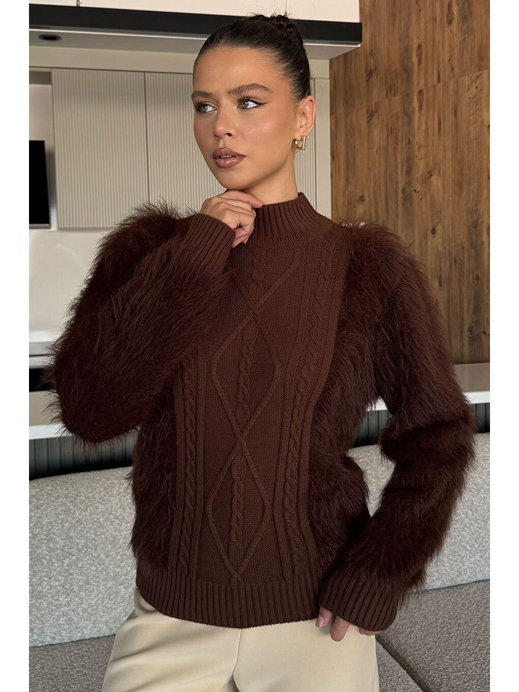 Kahverengi Kadın Balıkçı Yaka Sakallı Triko Kazak (s-m-l Uyumludur)