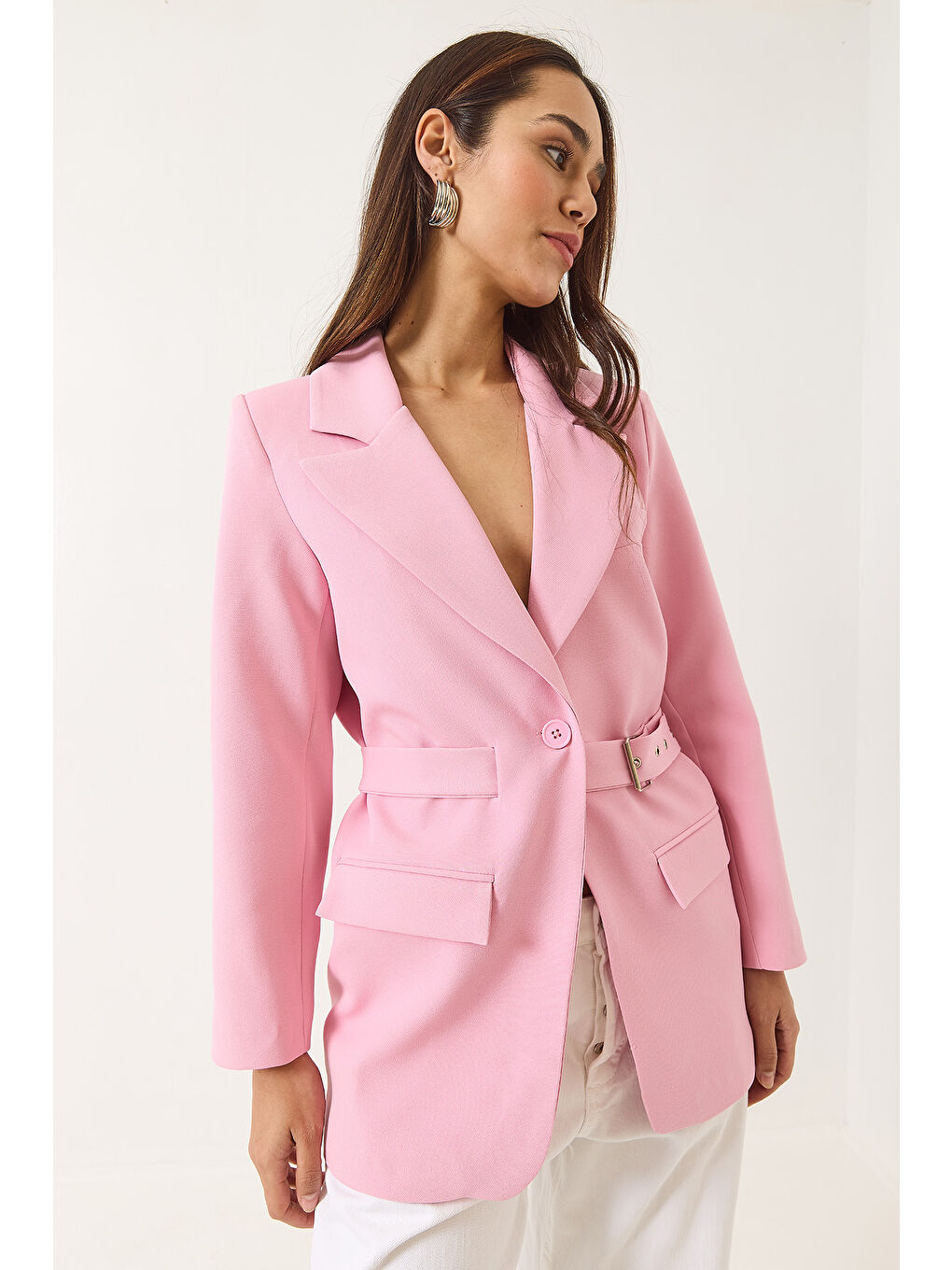 Pembe Kadın Kemer Detaylı Astarlı Blazer Ceket-2