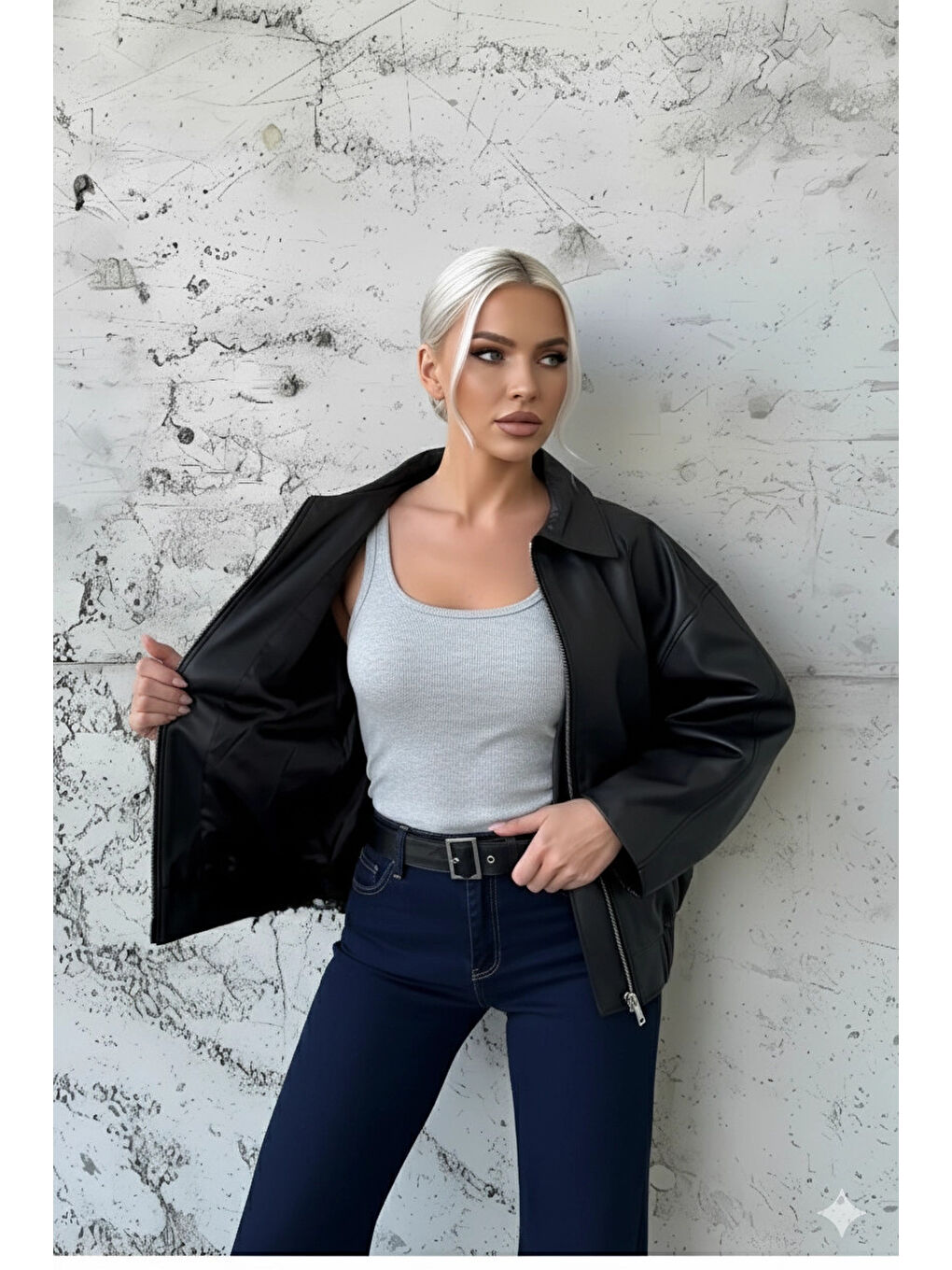 Kadın Siyah Fermuar Kapamalı Oversize Suni Deri Ceket HZL25W-BD110561-3