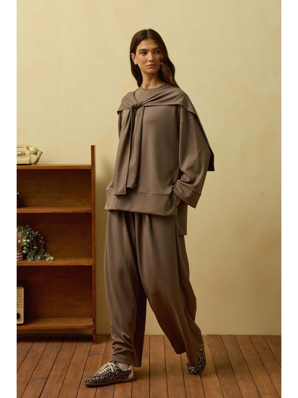 Bej Vizon Bağlamalı Pantolon Takım-1