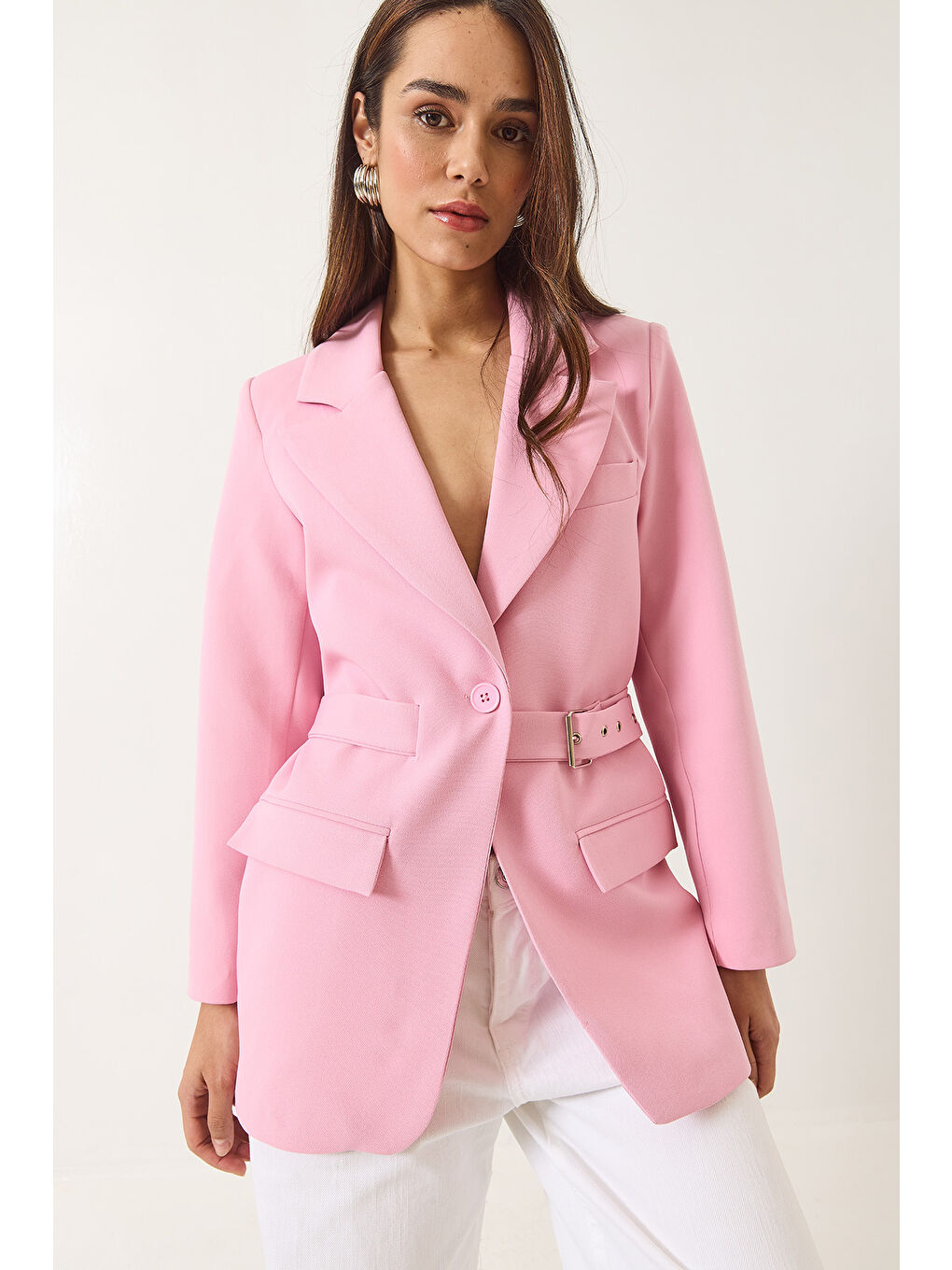 Pembe Kadın Kemer Detaylı Astarlı Blazer Ceket-3