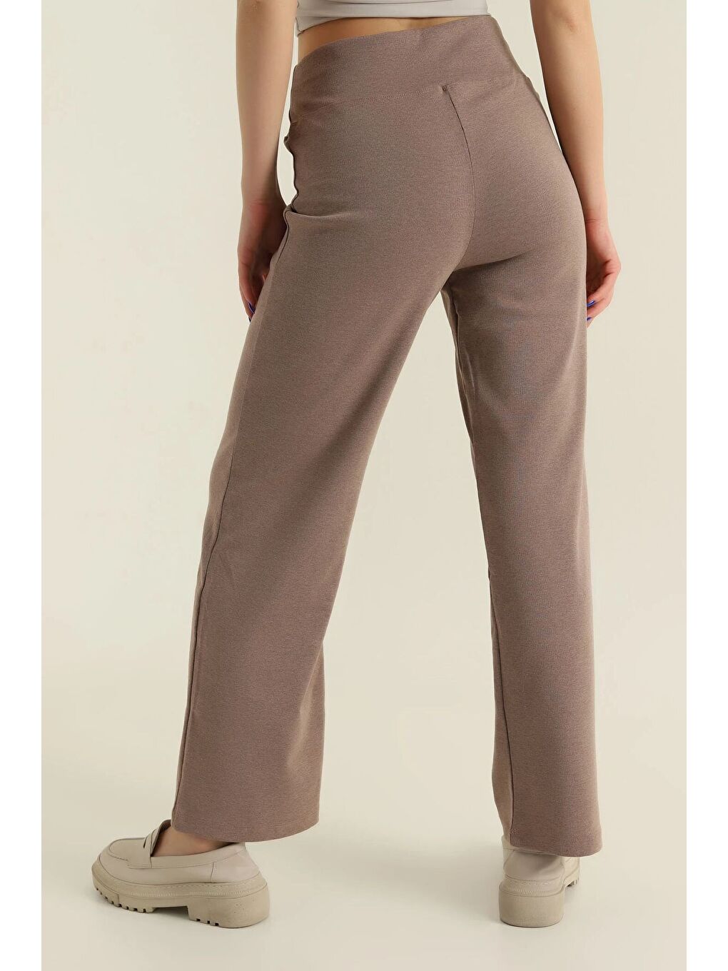 Kahverengi Kadın Ekstra Yüksek Bel Toparlayıcı Düz Paça Ribana Kumaş Esnek Spor Rahat Günlük Tayt-3