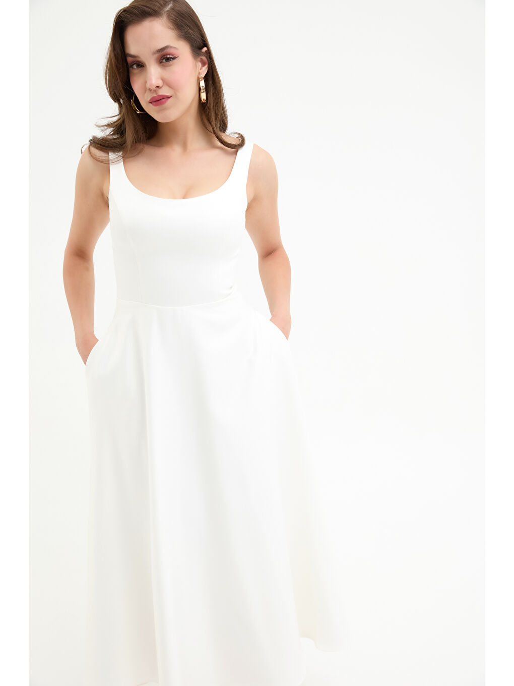 Kadın Beyaz Kare Yaka Midi Saten Söz Nişan Nikah Abiye Elbise-1