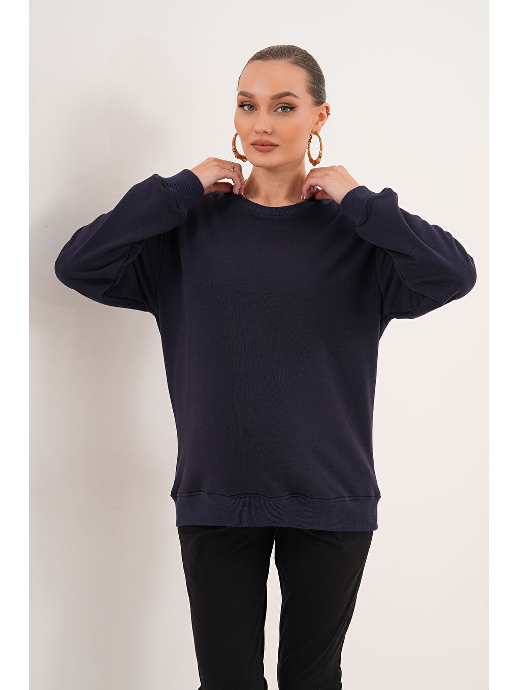 Lacivert Bisiklet Yaka %100 Pamuk Hamile ve Lohusa Basic Sweatshirt-6