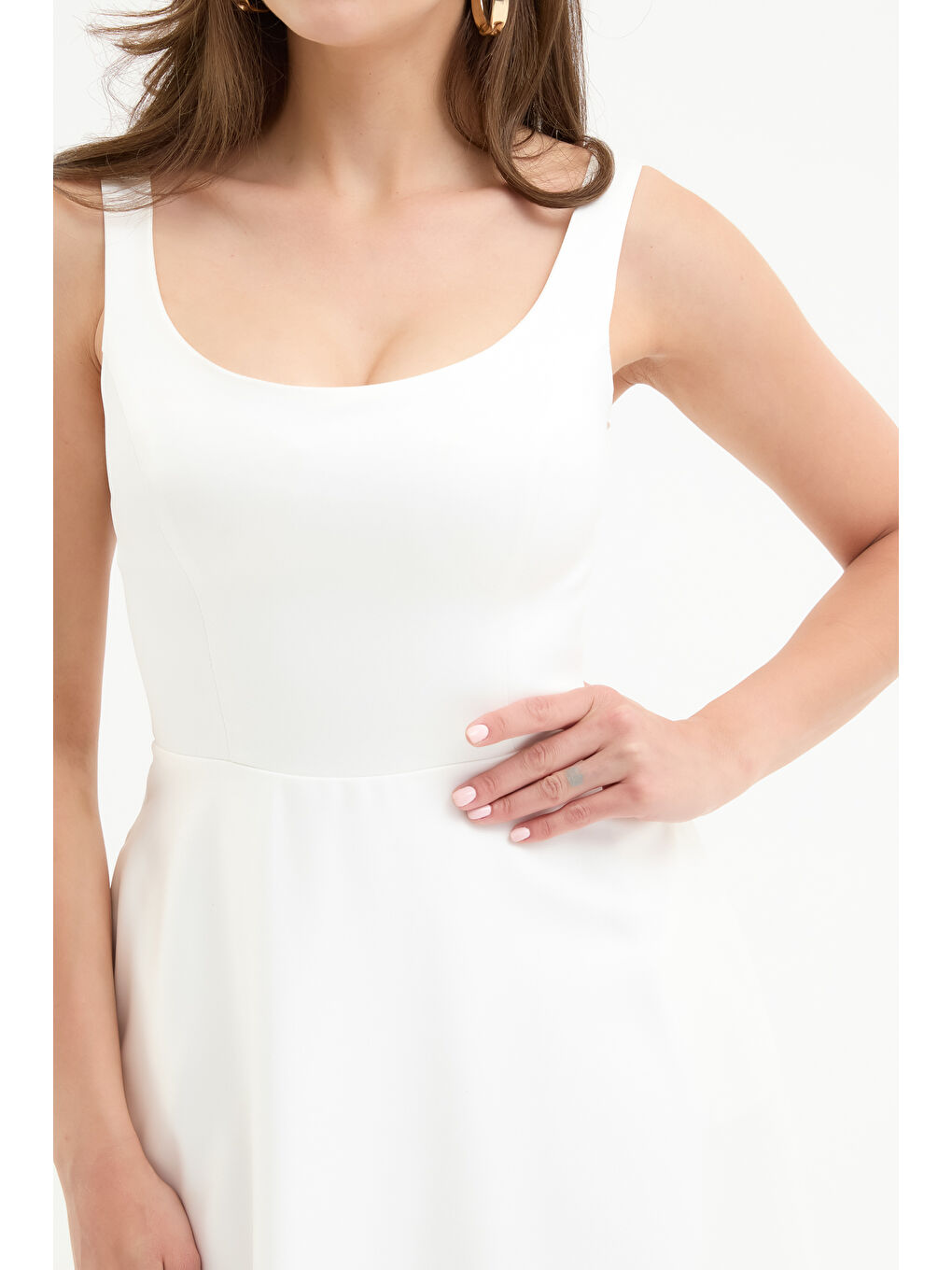 Kadın Beyaz Kare Yaka Midi Saten Söz Nişan Nikah Abiye Elbise-2