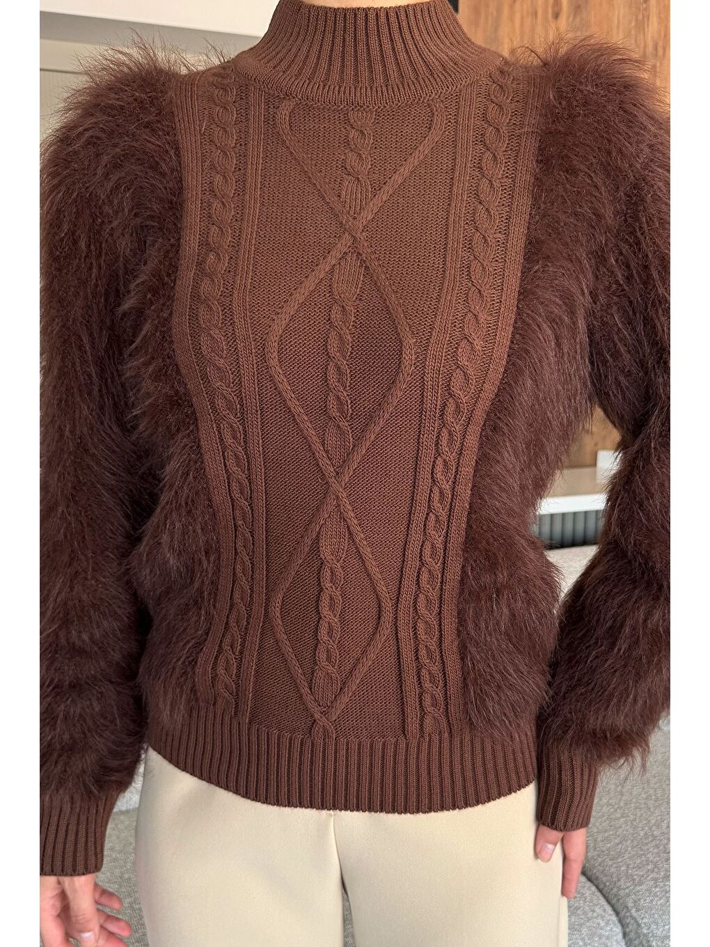 Kahverengi Kadın Balıkçı Yaka Sakallı Triko Kazak (s-m-l Uyumludur)-2