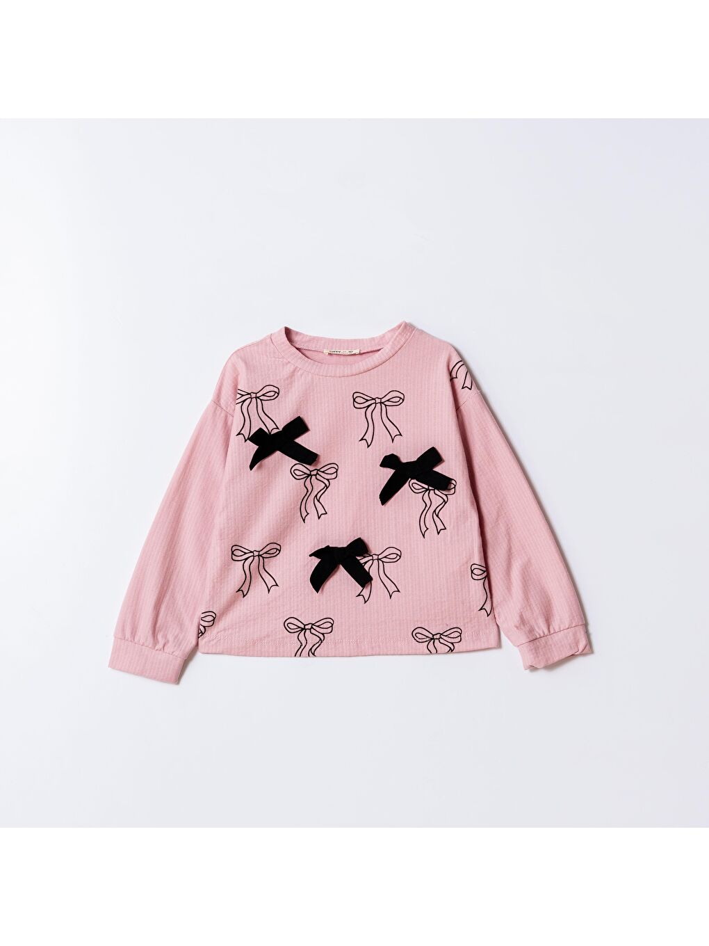 Kız Çocuk Pamuklu Pembe Fiyonk Desenli T-Shirt Ve Siyah İnci Düğme Detaylı Pantolon Takım-2