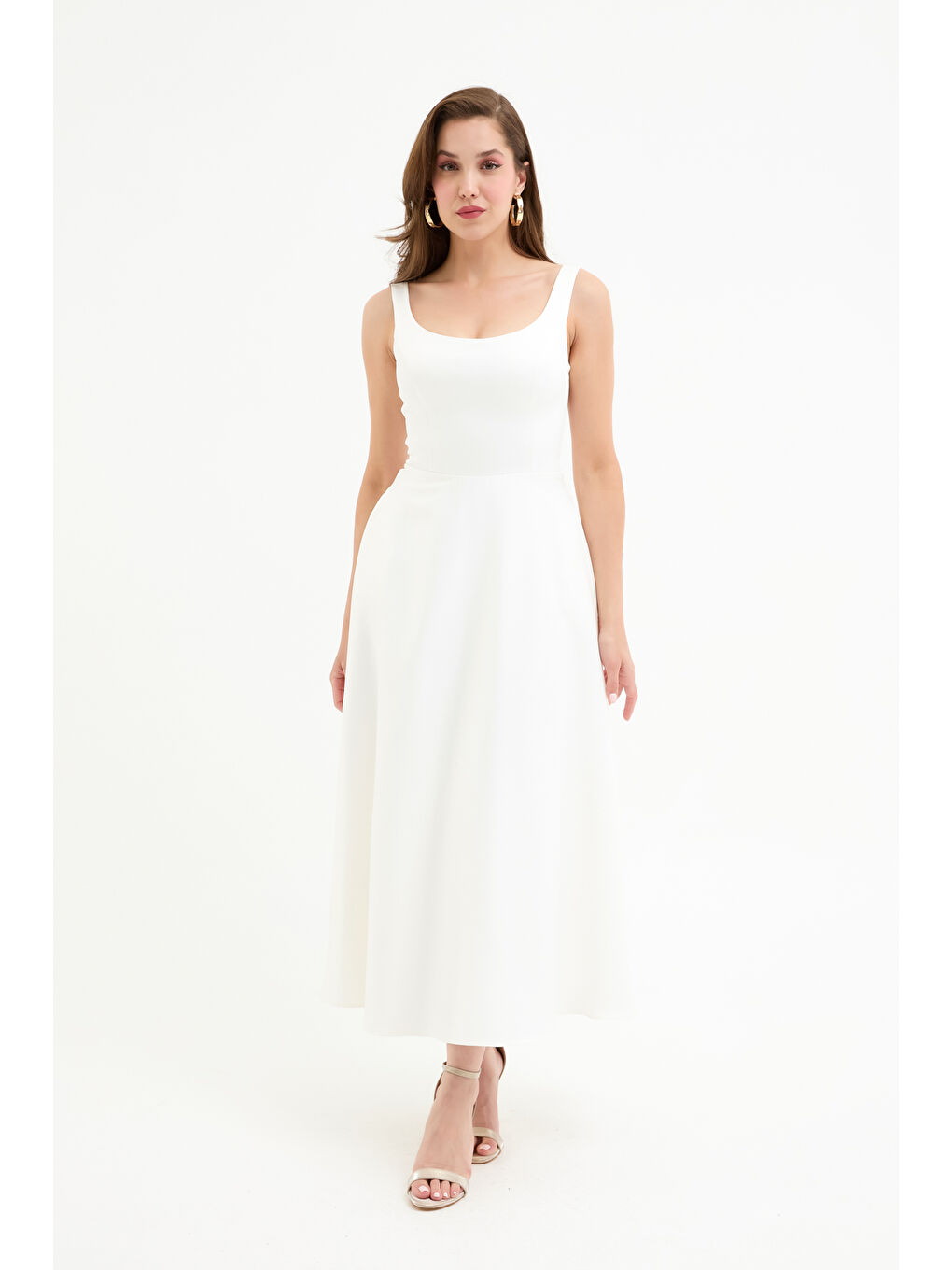 Kadın Beyaz Kare Yaka Midi Saten Söz Nişan Nikah Abiye Elbise-3