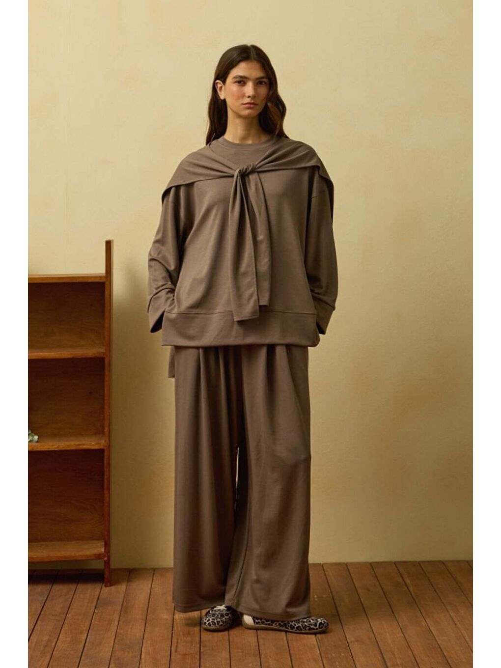 Bej Vizon Bağlamalı Pantolon Takım-2