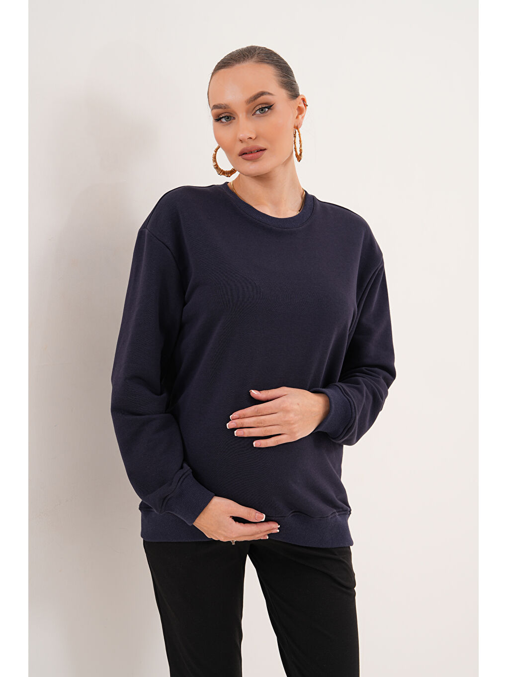 Lacivert Bisiklet Yaka %100 Pamuk Hamile ve Lohusa Basic Sweatshirt-7