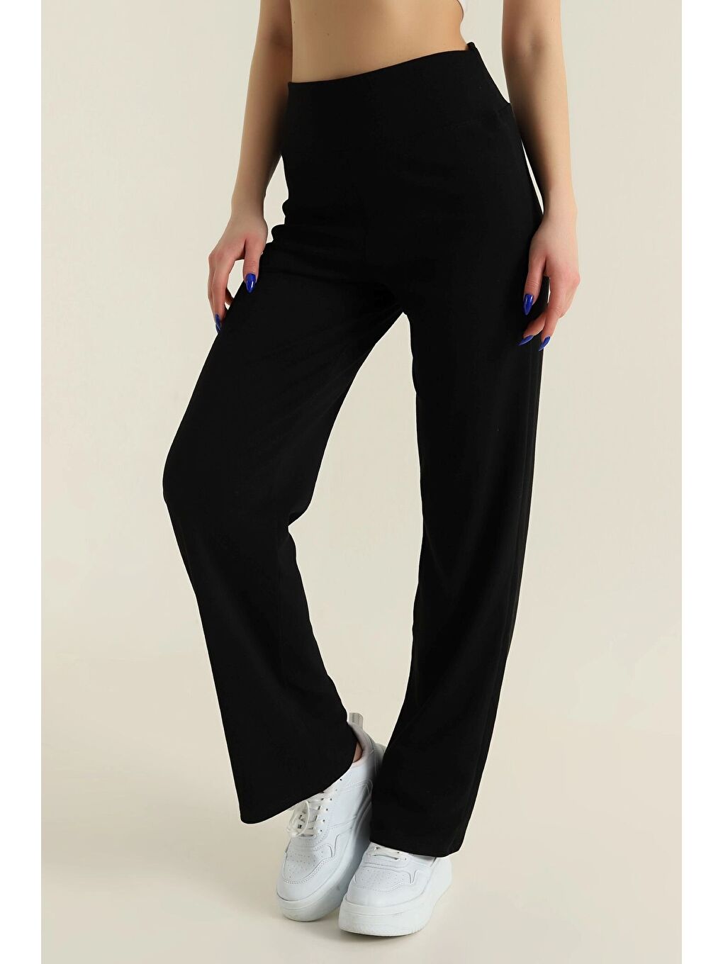 Siyah Kadın Ekstra Yüksek Bel Toparlayıcı Düz Paça Ribana Kumaş Esnek Spor Rahat Günlük Tayt