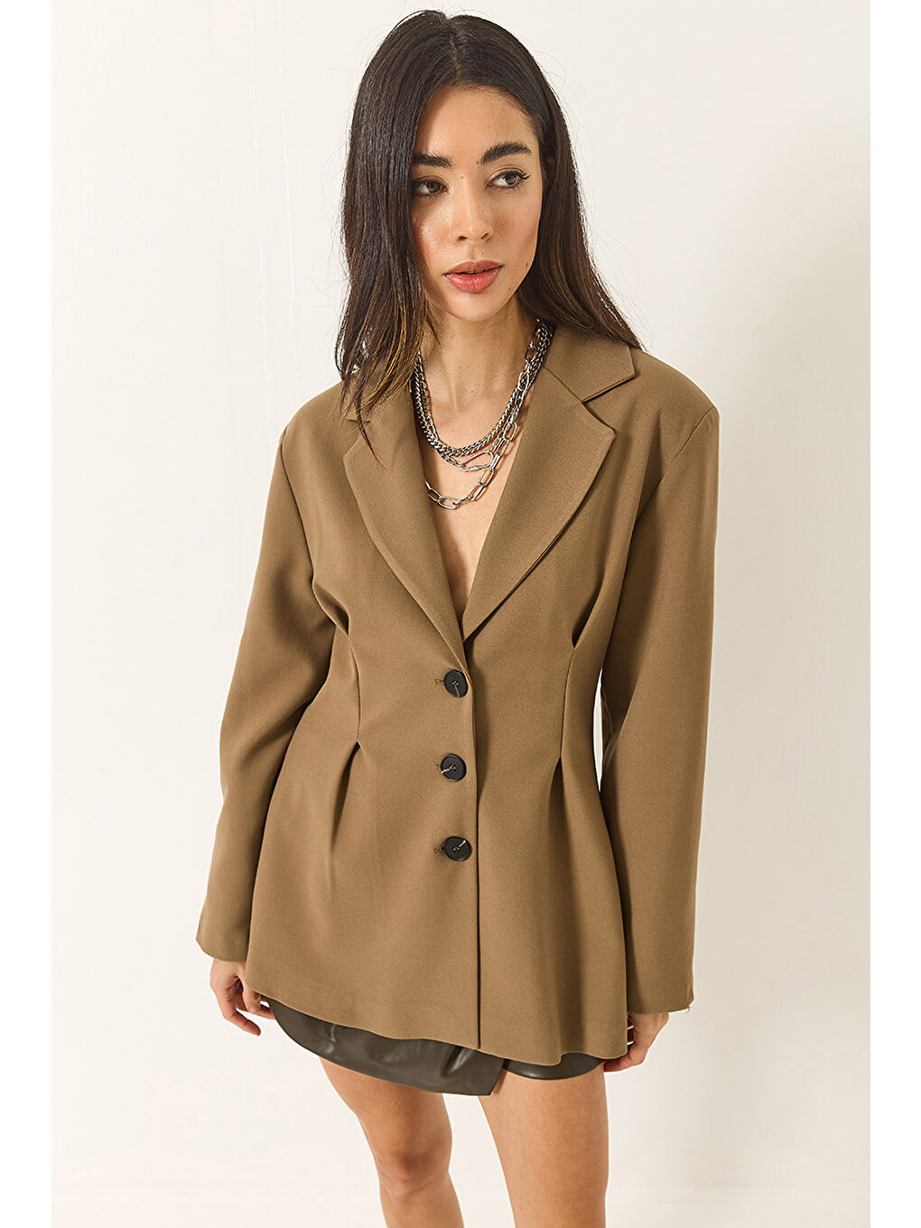 Yeşil Kadın Şal Yaka Bele Oturan Düğme Kapamalı Astarlı Viskon Blazer Ceket