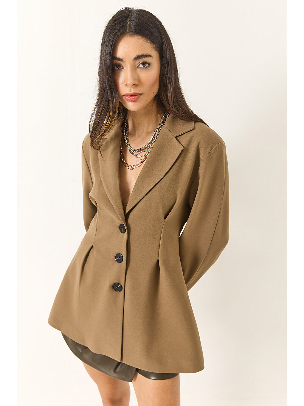 Yeşil Kadın Şal Yaka Bele Oturan Düğme Kapamalı Astarlı Viskon Blazer Ceket-1