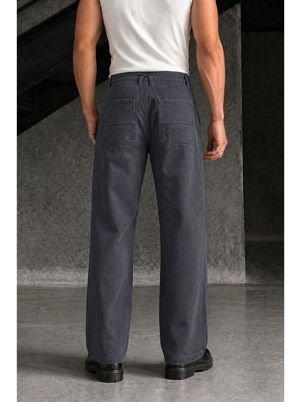 Gri Erkek Baggy Fit Old Money Cep Detaylı Pantolon-2