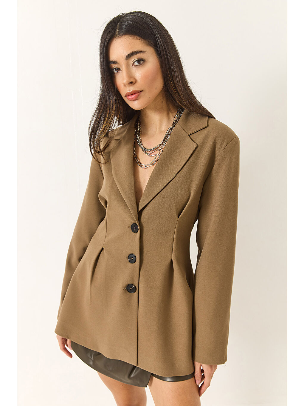 Yeşil Kadın Şal Yaka Bele Oturan Düğme Kapamalı Astarlı Viskon Blazer Ceket-2