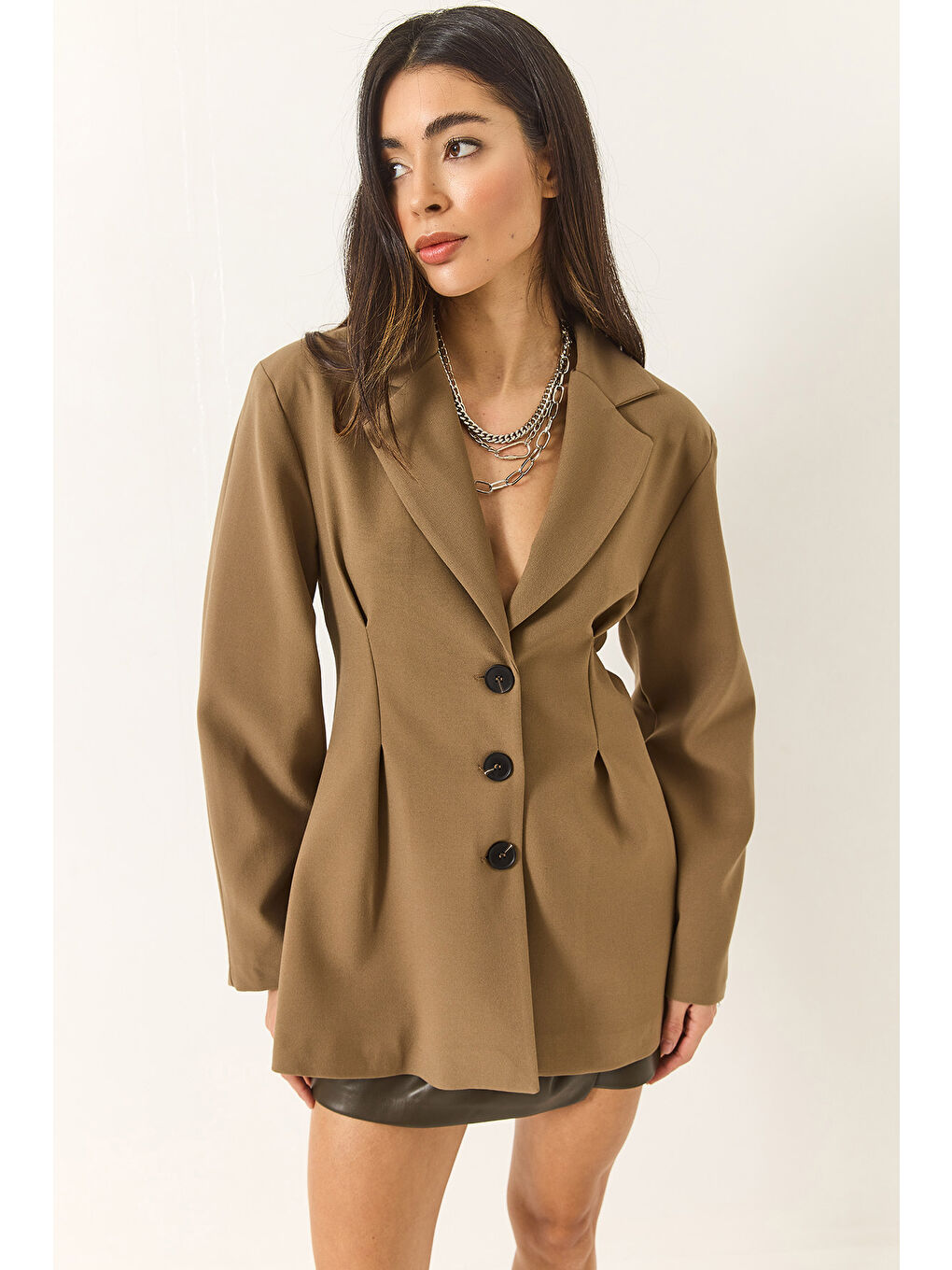 Yeşil Kadın Şal Yaka Bele Oturan Düğme Kapamalı Astarlı Viskon Blazer Ceket-3