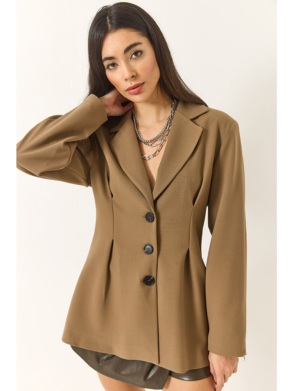 Yeşil Kadın Şal Yaka Bele Oturan Düğme Kapamalı Astarlı Viskon Blazer Ceket-4