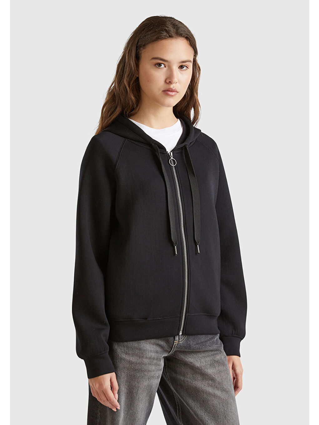 Kadın Siyah Viskoz Karışımlı Büzgü İpli Kapüşonlu Fermuarlı Sweatshirt