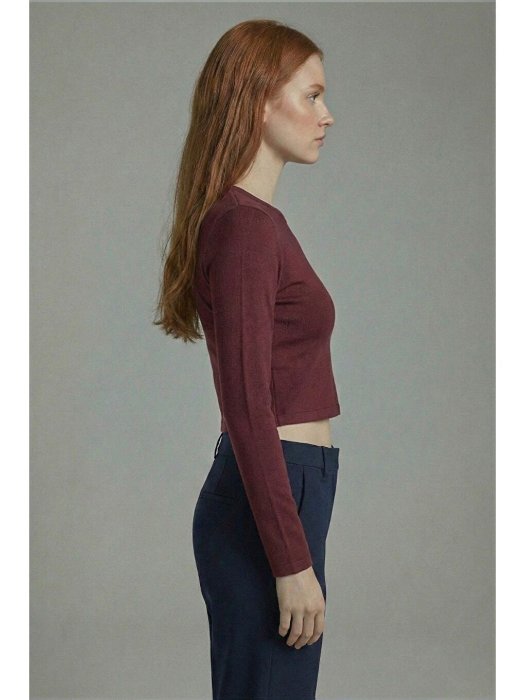 Bordo Premium Yumuşak Dokulu Esnek Örme Bisiklet Yaka Crop Bluz-2